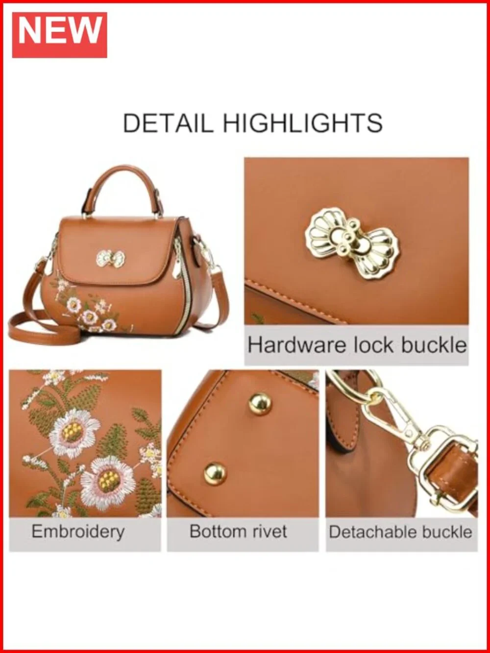 Embroidered PU Leather Satchel Handbag Women Top Handle Flap Crossbody Bag